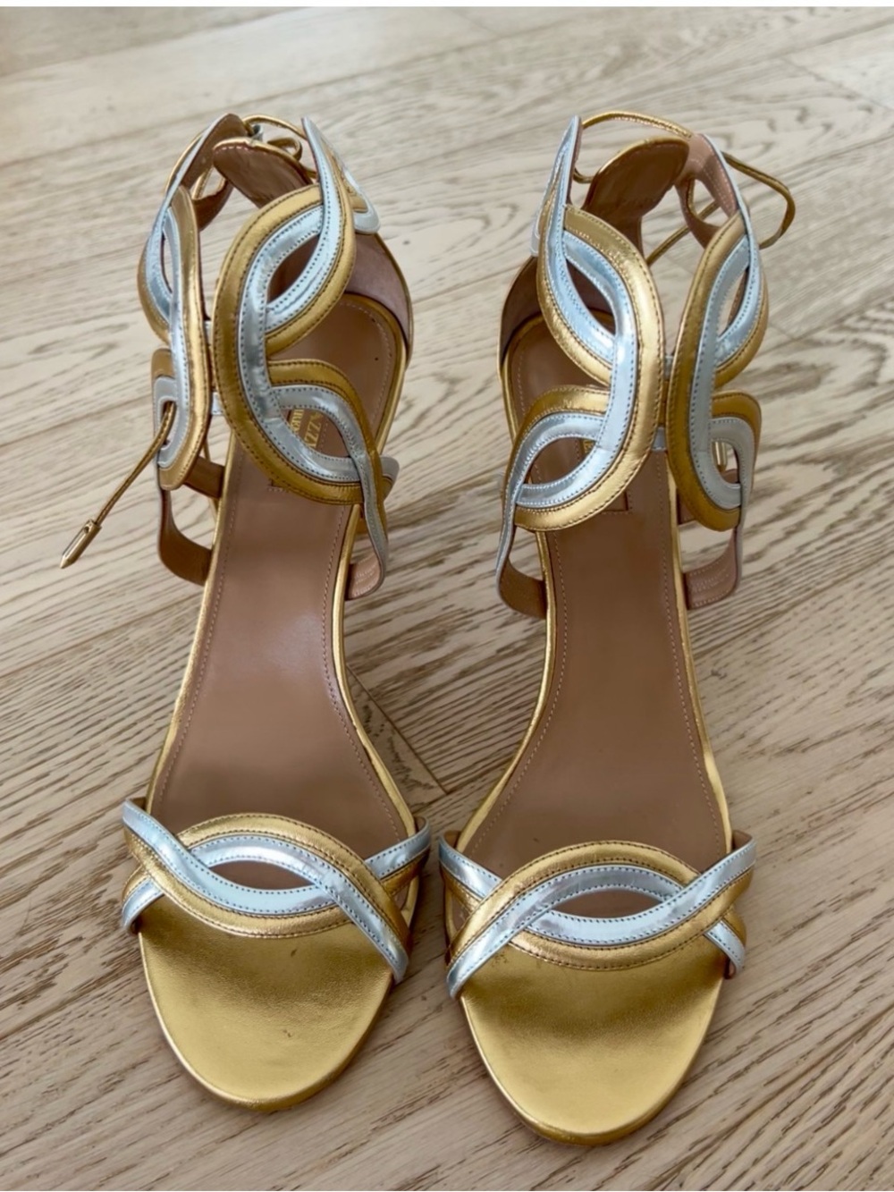 Aquazzura Gold and Silver Leather Open-Toe Ankle-Strap Heels